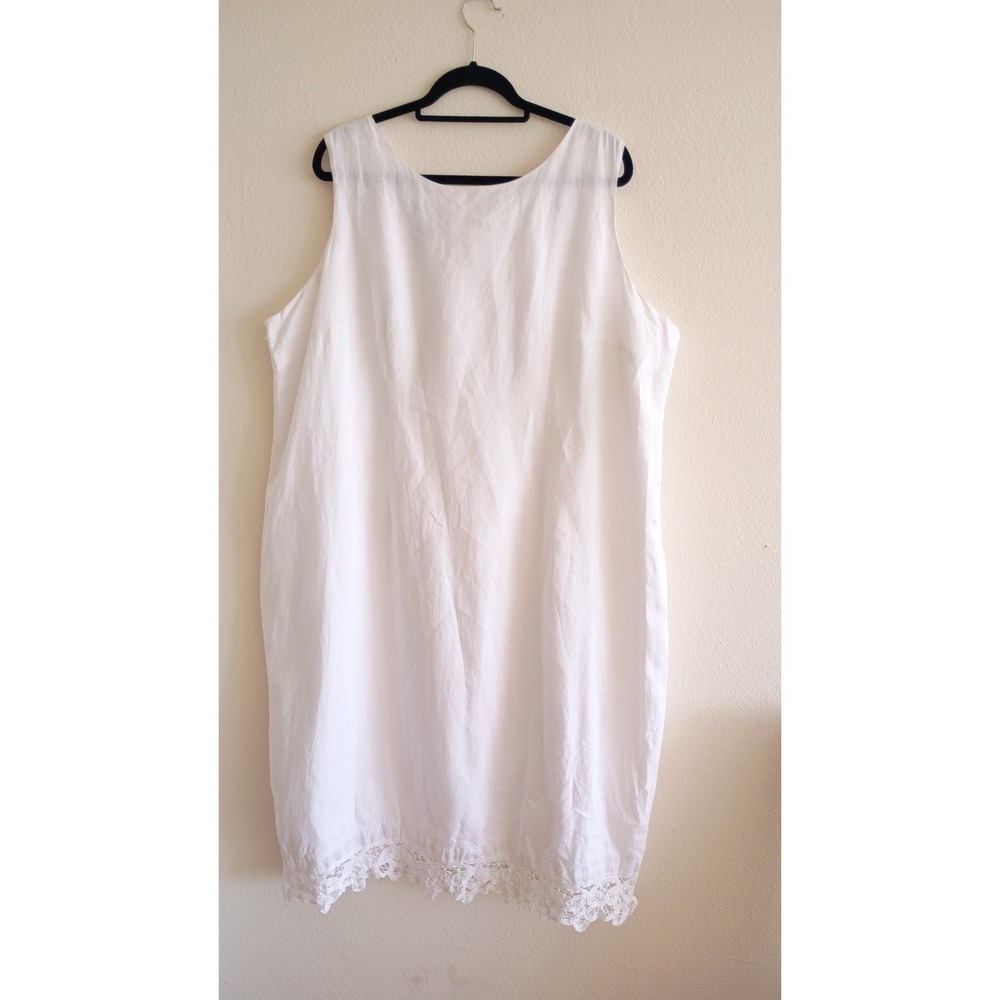 Lino USA‎ White 100% Linen Lace Hem Sleeveless Shift Dress 3X Lined Minimalist